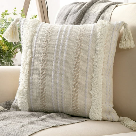 Phantoscope Printed Boho Woven Tufted with Tassel Series Decorative Throw Pillow, 18" x 18", White, 1 Pack