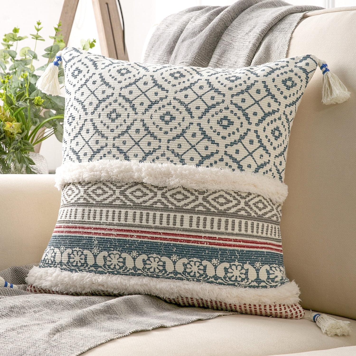 Beige moroccan tassel lumbar pillow cover