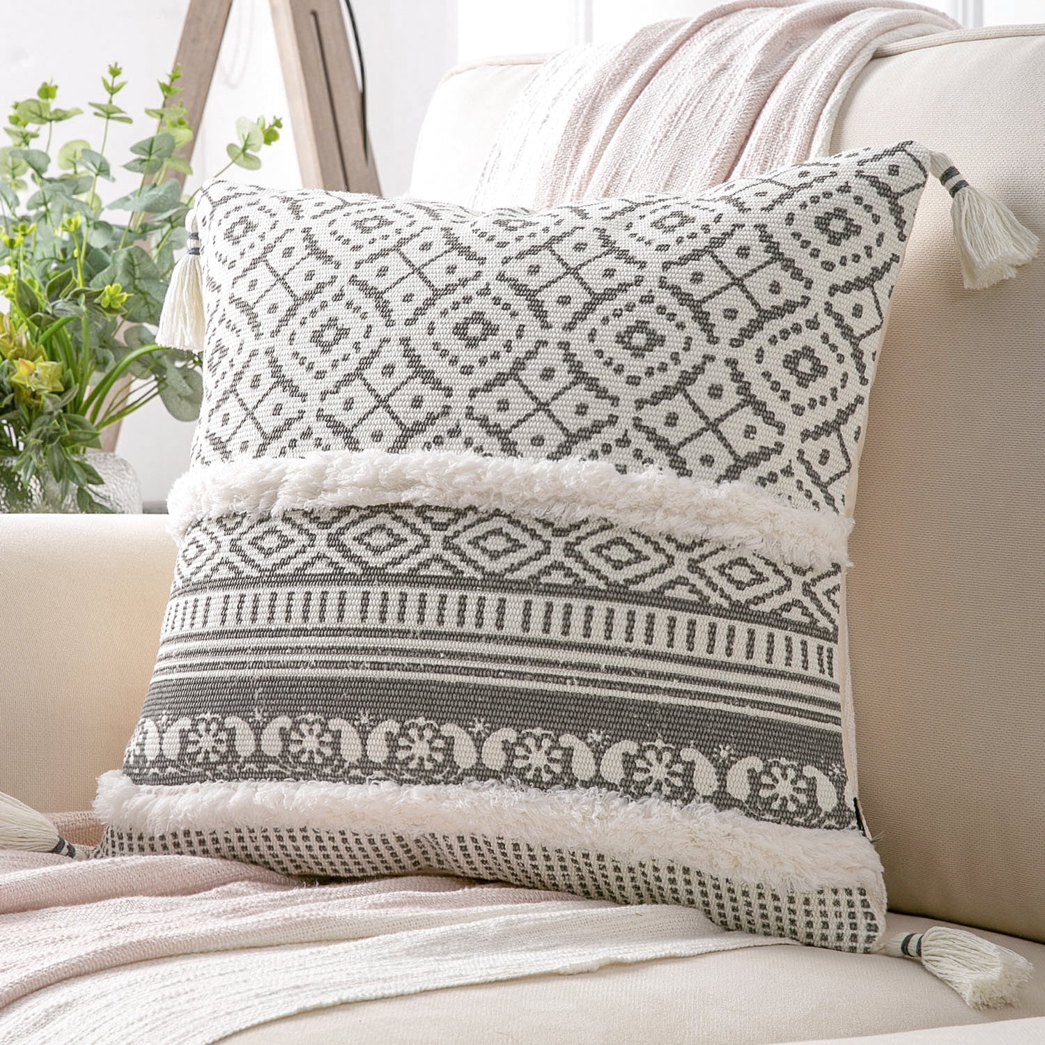 Merrycolor Boho Throw Pillow Covers 18x18 with Tassels White and Grey  Decorative Throw Pillows Woven Tufted Pillowcase Modern Accent Bohemian  Square