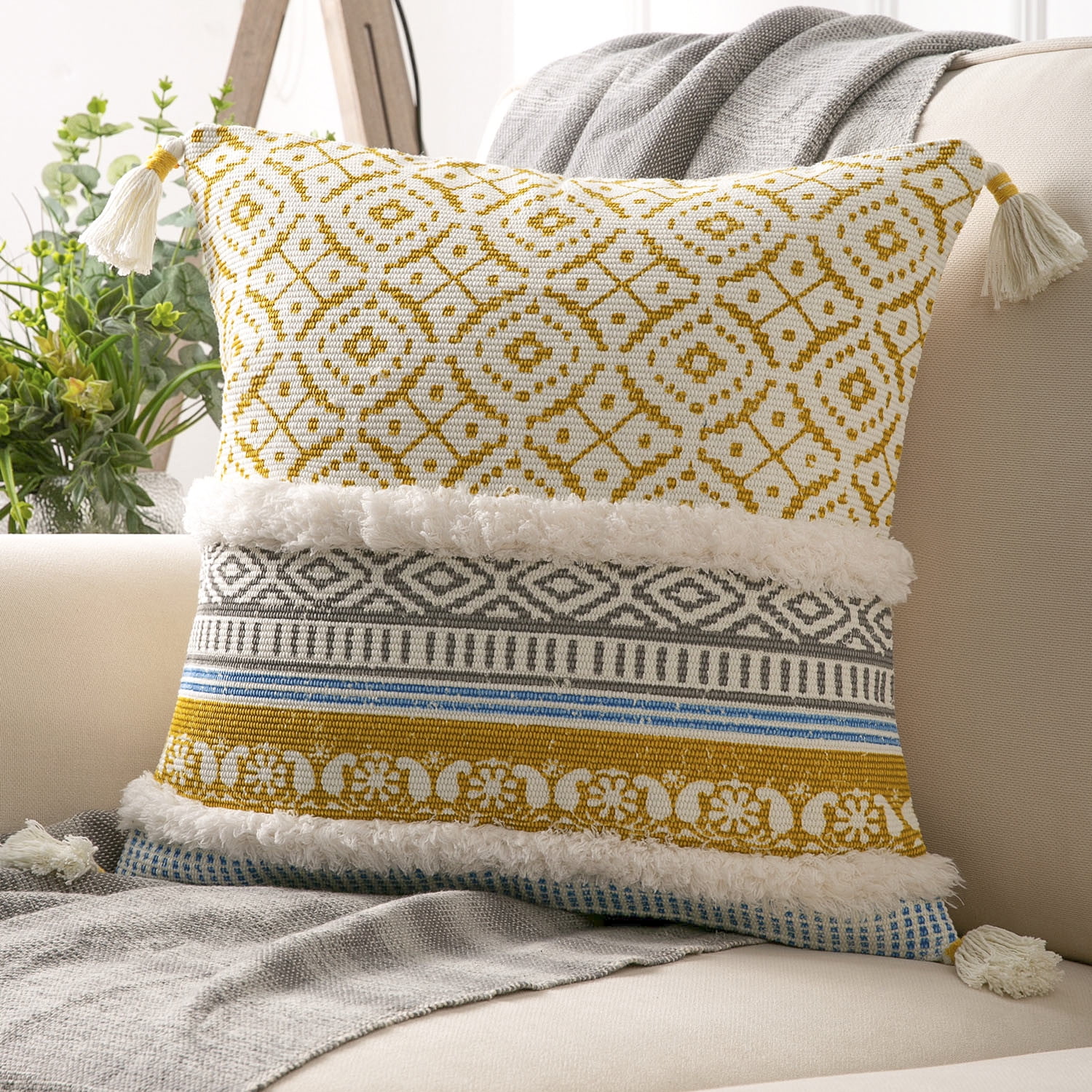 Phantoscope Printed Boho Woven Tufted with Tassel Series Decorative Throw Pillow Cover, 18 inch x 18 inch, Yellow, 1 Pack