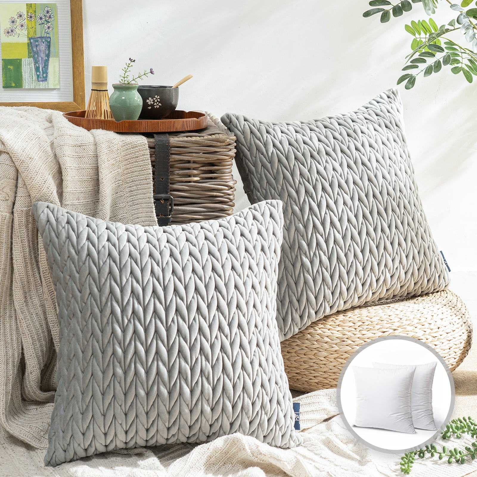 Gray Quilted Velvet Braid Textured Decorative Throw Pillow Set