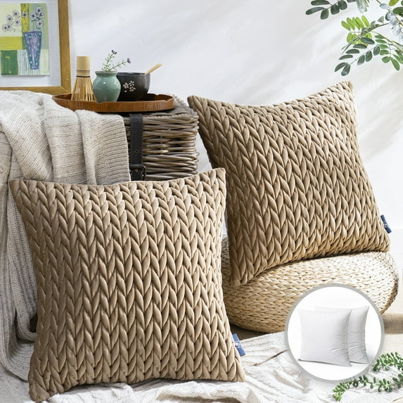 Phantoscope Quilted Velvet Braid Textured Pleated Decorative Throw Pillow, 20" X 20", Light Brown, 2 Pack