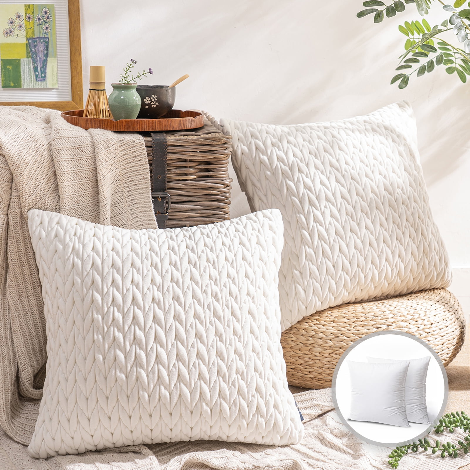 White Quilted Velvet Braid Textured Decorative Throw Pillow Set, 20" x 20"