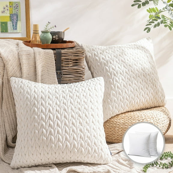 Phantoscope Quilted Velvet Braid Textured Pleated Decorative Throw Pillow, 20" X 20", White, 2 Pack