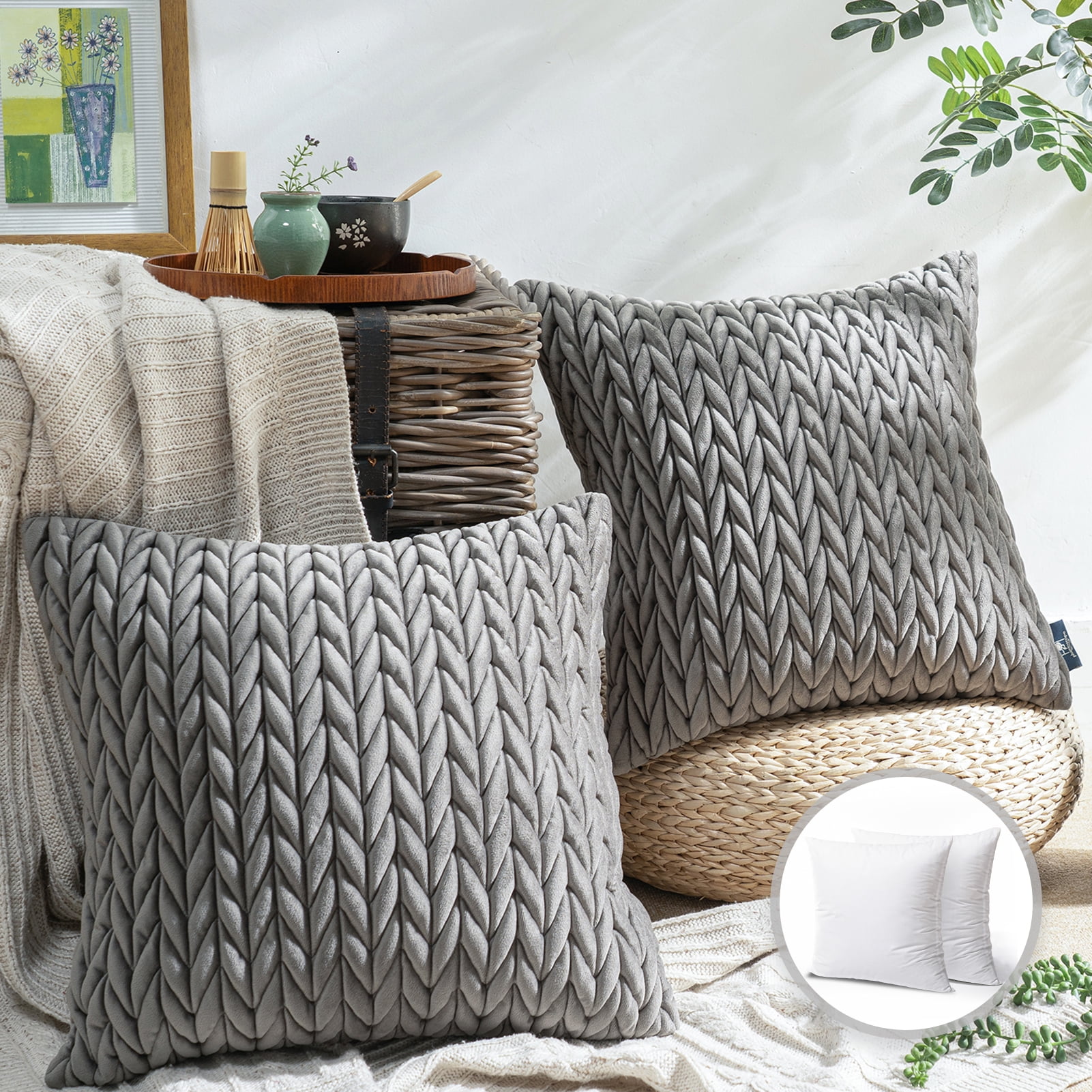 18 Inch Throw Pillow, Set of 2, Leaf Pattern Polyester Fabric, Dark Gray,  Blue, 1 unit - Kroger