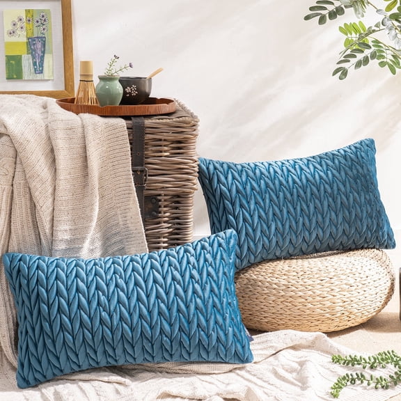 Phantoscope Quilted Velvet Lumbar Throw Pillow Covers Set of 2, Braid Textured Decorative Cushion Cases, 12x20 Inch, Blue