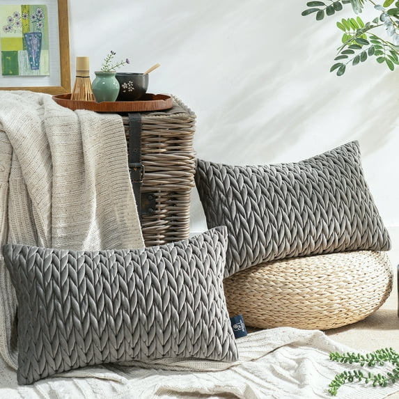 Phantoscope Quilted Velvet Braid Textured Pleated Decorative Throw Pillow Covers for Couch, 12" x 20", Dark Gray, 2 Pack