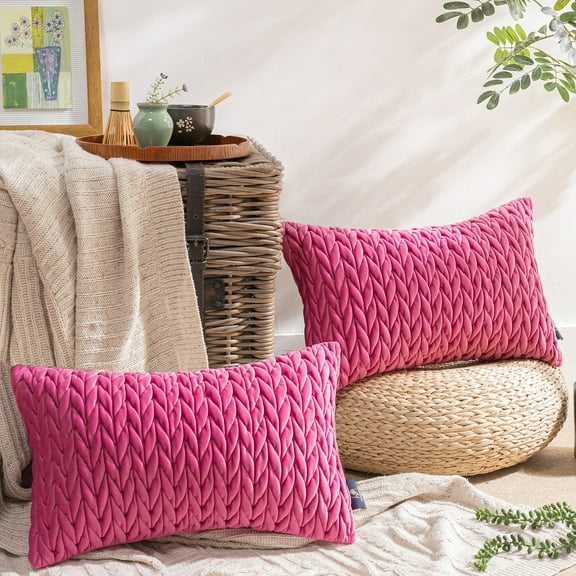 Phantoscope Quilted Velvet Braid Textured Pleated Decorative Throw Pillow Covers for Couch, 12" x 20", Pink, 2 Pack