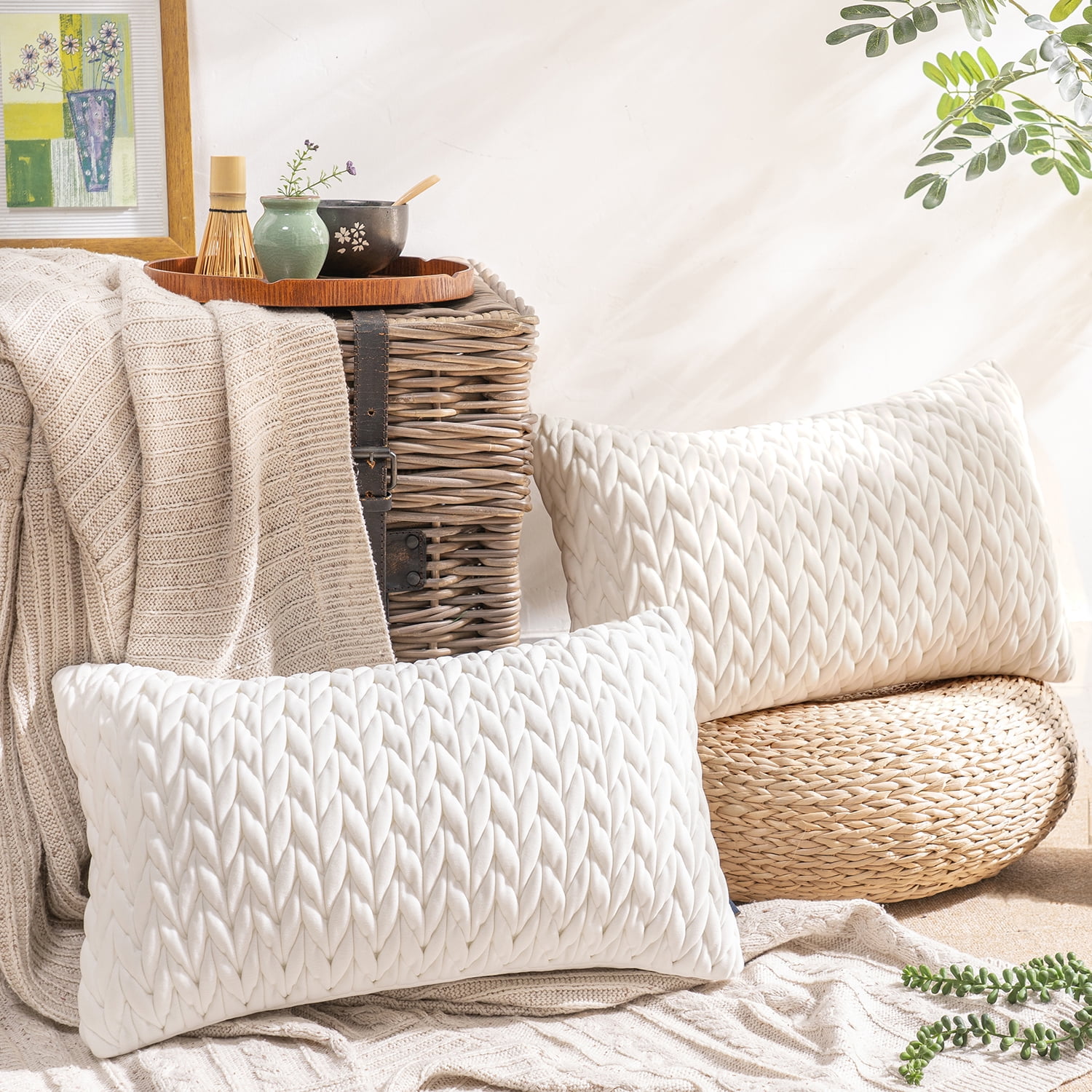 White Quilted Velvet Braid Decorative Throw Pillow, 12" x 20"