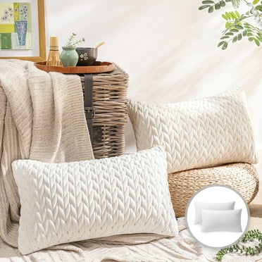 Phantoscope Quilted Velvet Braid Textured Pleated Square Decorative Throw Pillow Cushion for Couch, 12" x 20", White, 2 Pack