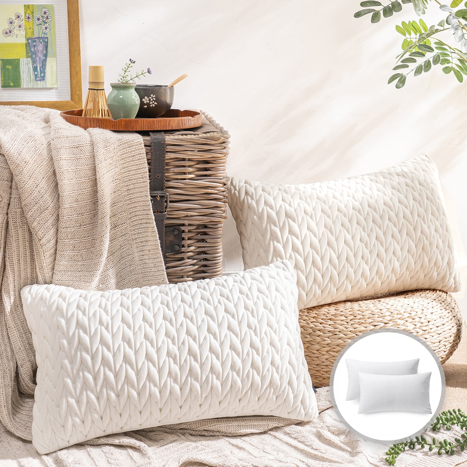 Phantoscope Quilted Velvet Braid Textured Pleated Square Decorative Throw Pillow Cushion for Couch, 12" x 20", White, 2 Pack
