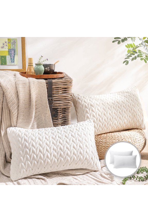 Quilted Velvet Braid Textured Pleated Square Decorative Throw Pillow Cushion for Couch, 12" x 20", White, 2 Pack