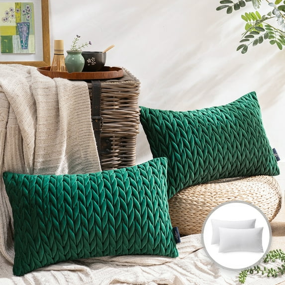 Phantoscope Quilted Velvet Braid Textured Pleated Square Decorative Throw Pillow Cusion for Couch, 12" x 20", Dark Green, 2 Pack