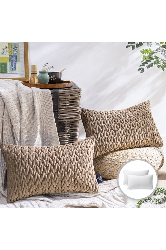 Quilted Velvet Braid Textured Pleated Square Decorative Throw Pillow Cusion for Couch, 12" x 20", Light Brown, 2 Pack