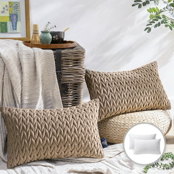 Phantoscope Quilted Velvet Braid Textured Pleated Square Decorative Throw Pillow Cusion for Couch, 12" x 20", Light Brown, 2 Pack