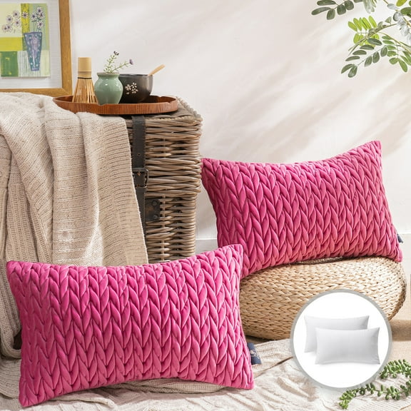 Phantoscope Quilted Velvet Braid Textured Pleated Square Decorative Throw Pillow Cusion for Couch, 12" x 20", Pink, 2 Pack