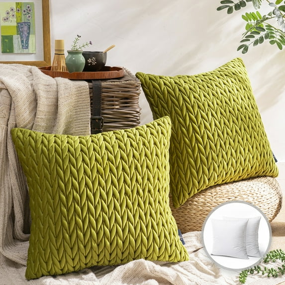 Phantoscope Quilted Velvet Braid Textured Pleated Square Decorative Throw Pillow Cusion for Couch, 18" x 18", Green, 2 Pack