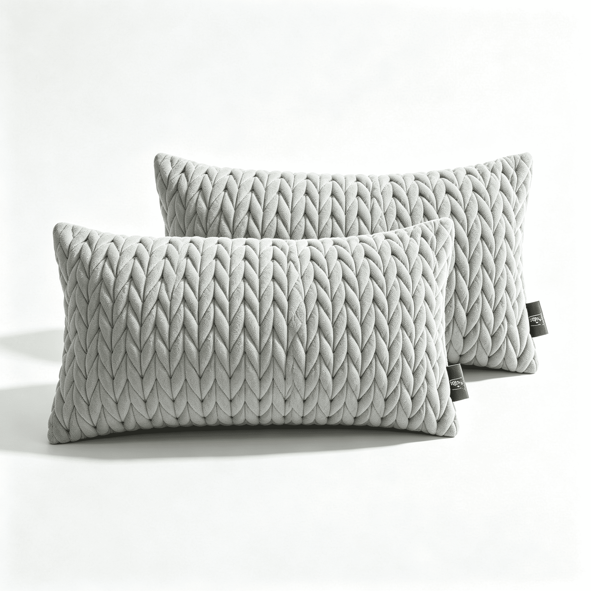 Phantoscope Quilted Velvet Lumbar Decorative Throw Pillows with Inserts, Braided Texture, Light Gray, 12 x 20 in, 2 Pack