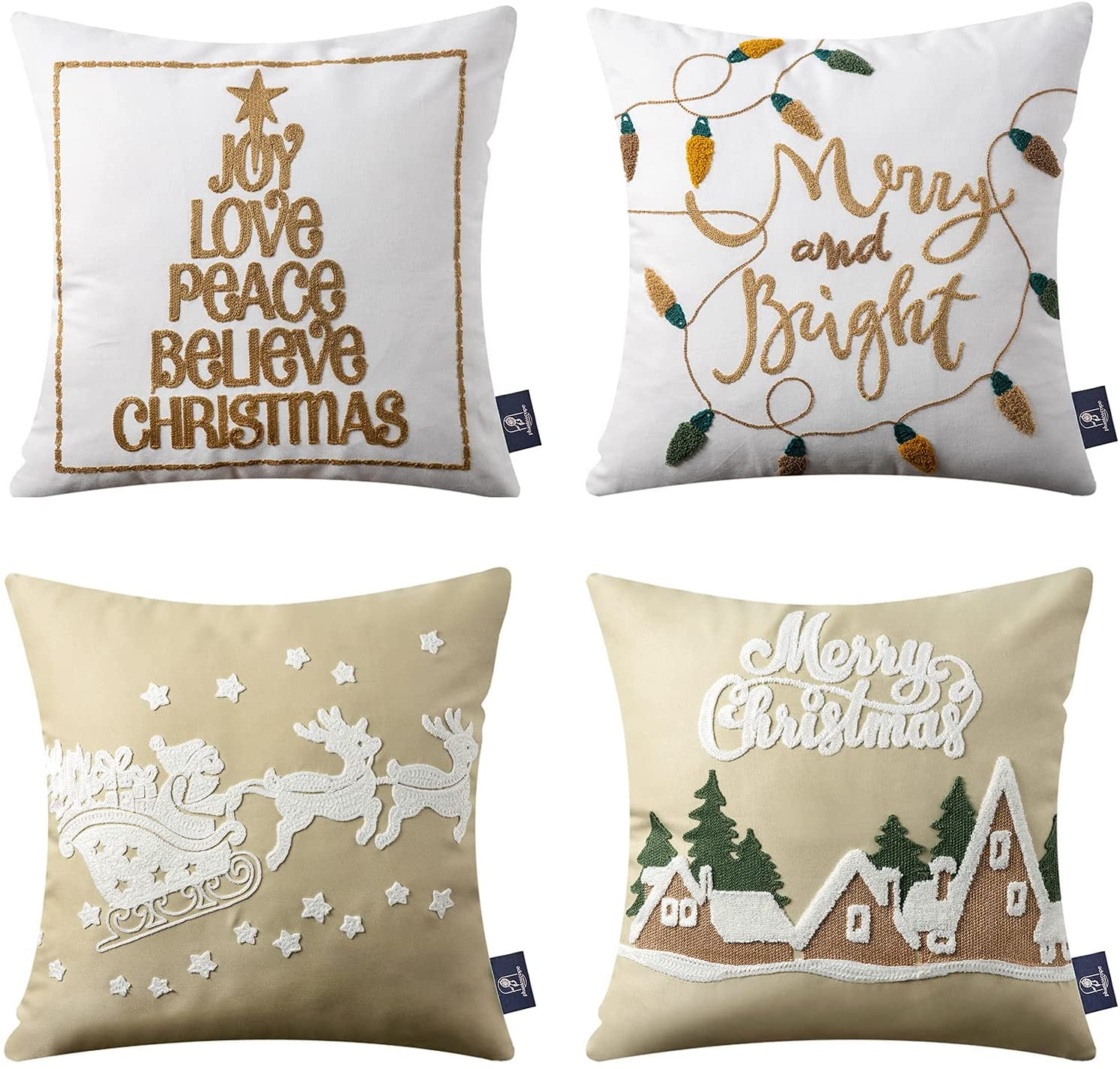 Phantoscope Set of 4 Merry Christmas Decorative Cotton Canvas Throw