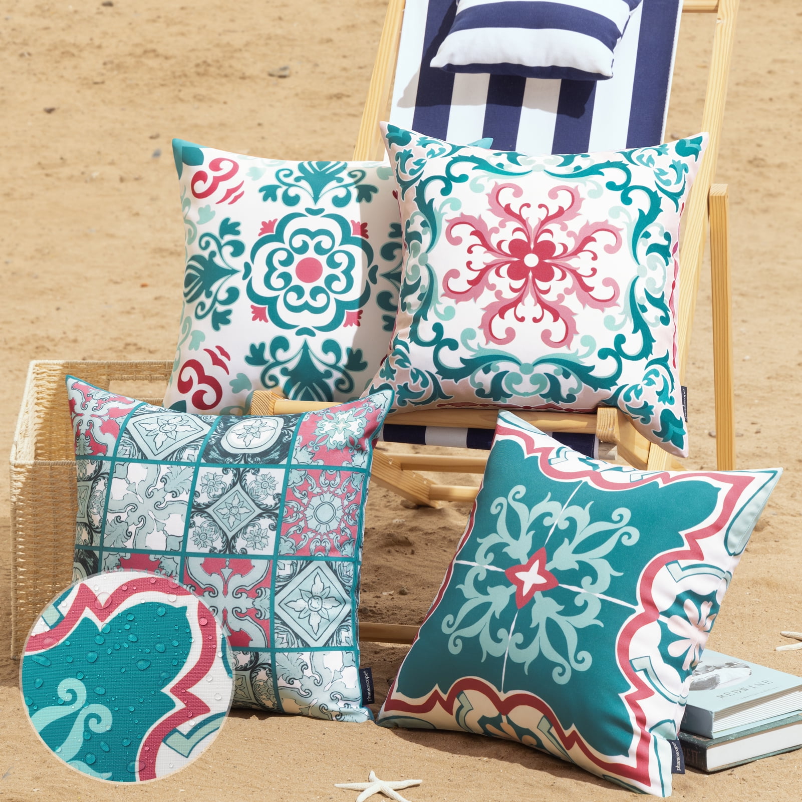 Phantoscope Set of 4 Outdoor Waterproof Faux Leather Throw Pillows Geometric Boho Decorative with Inserts for Patio Garden 18 x 18 inch Teal & Pink