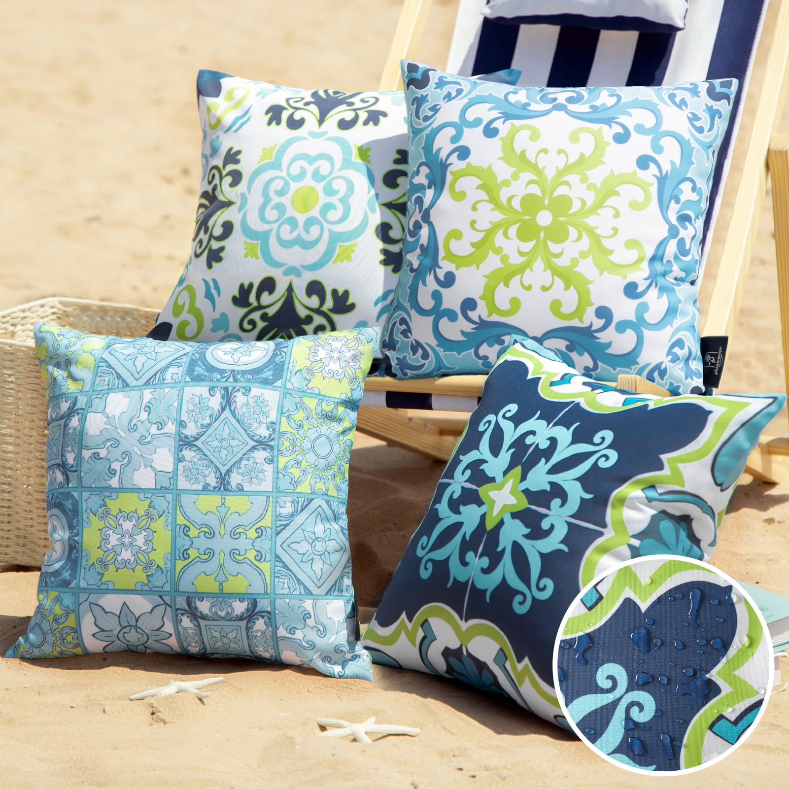 Phantoscope Set of 4 Outdoor Waterproof Faux Leather Throw Pillows Geometric Boho Decorative with Inserts for Patio Garden 18 x 18 inch Turquoise & Orange