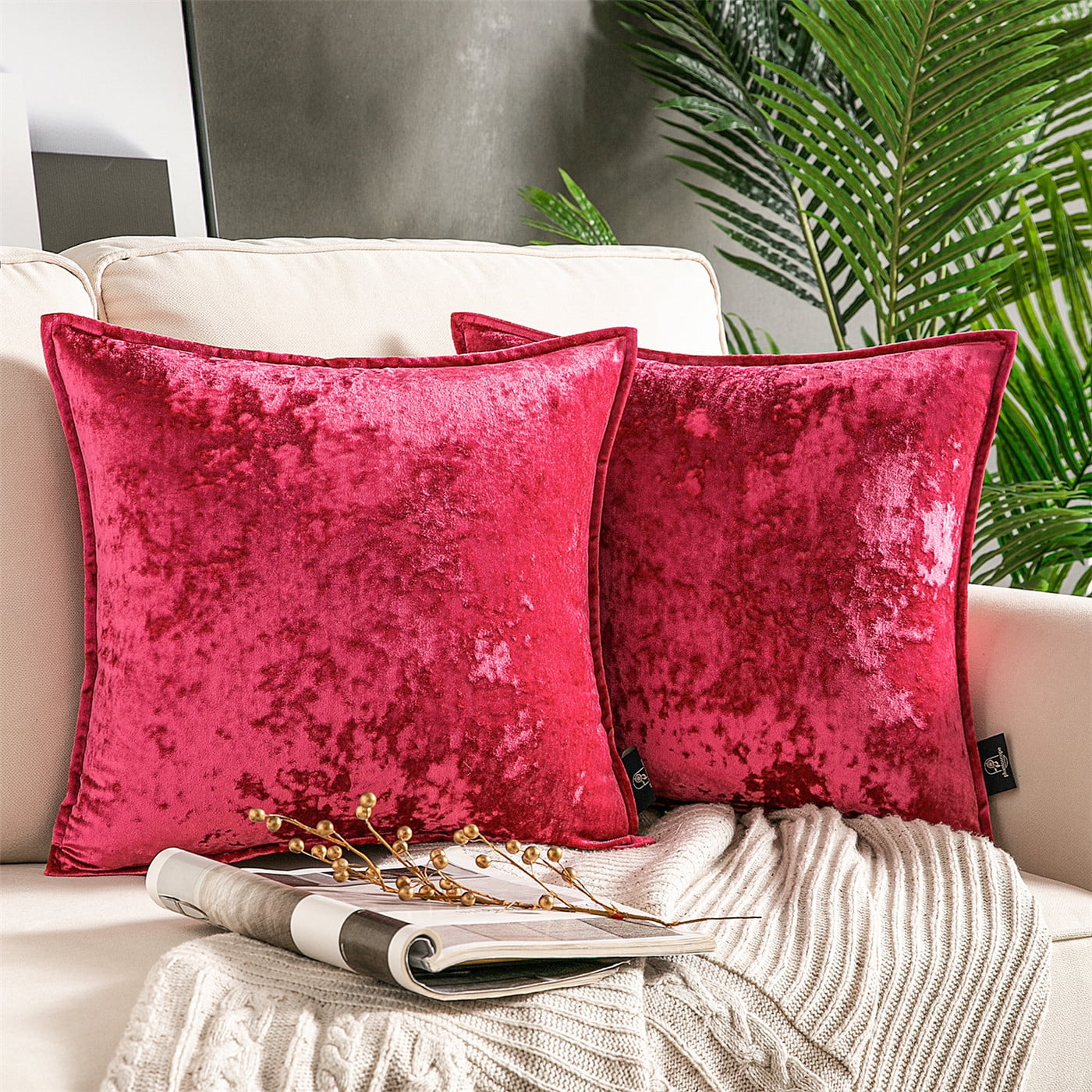 Phantoscope Shiny Crushed Velvet with Trim Series Decorative Throw Pillow, 22" x 22", Hot Pink, 2 Pack