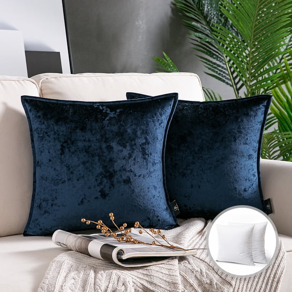 Phantoscope Shiny Crushed Velvet with Trim Series Decorative Throw Pillow, 22" x 22", Navy Blue, 2 Pack