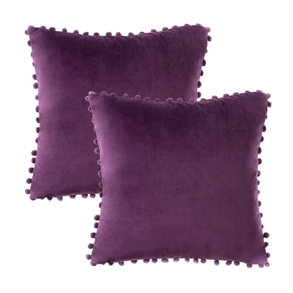 Phantoscope Silky Velvet Pom Pom 18" x 18" Dark Purple Decorative Throw Pillows with Inserts, 2 Pack