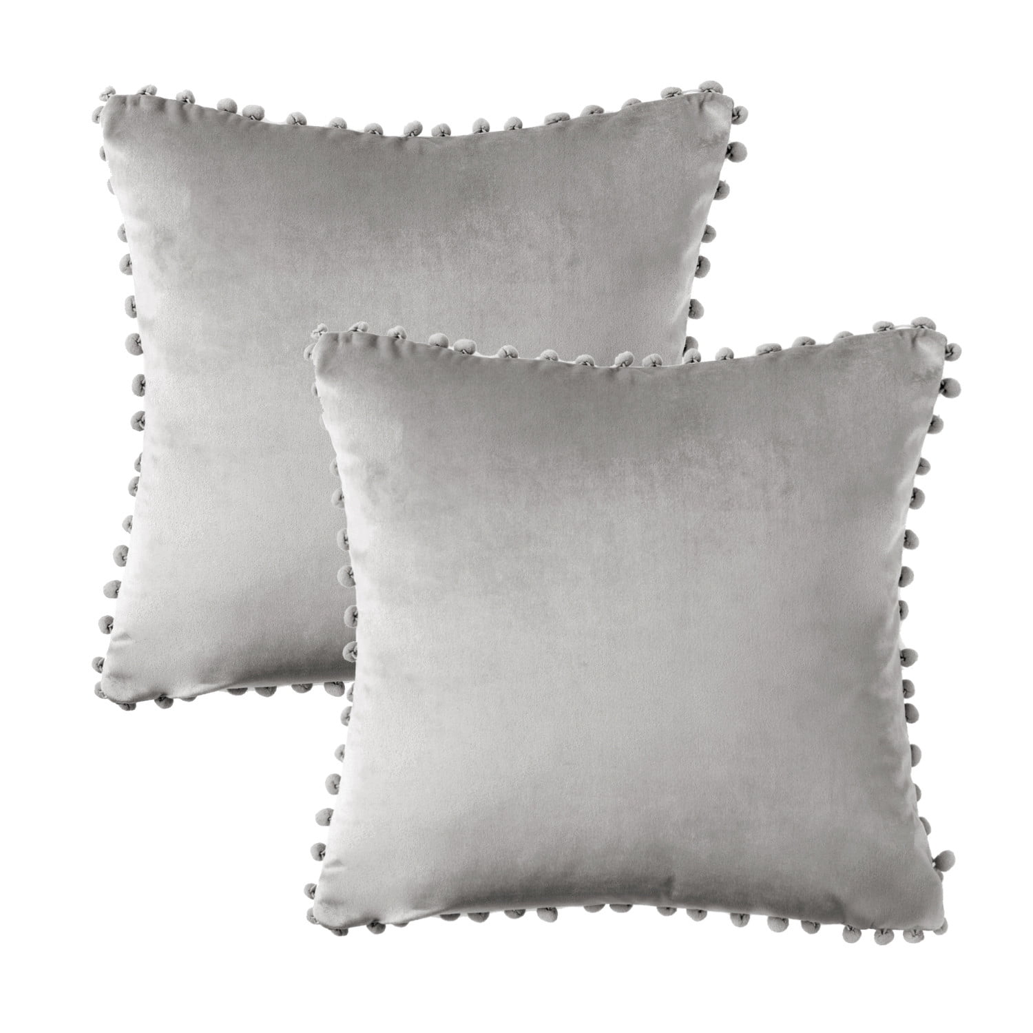 Phantoscope Silky Velvet Pom Pom 18" x 18" Light Gray Decorative Throw Pillows with Inserts, 2 Pack