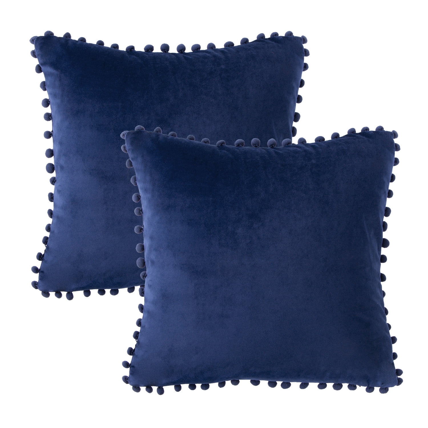 Phantoscope Silky Velvet Pom Pom 18" x 18" Navy Blue Decorative Throw Pillows with Inserts, 2 Pack