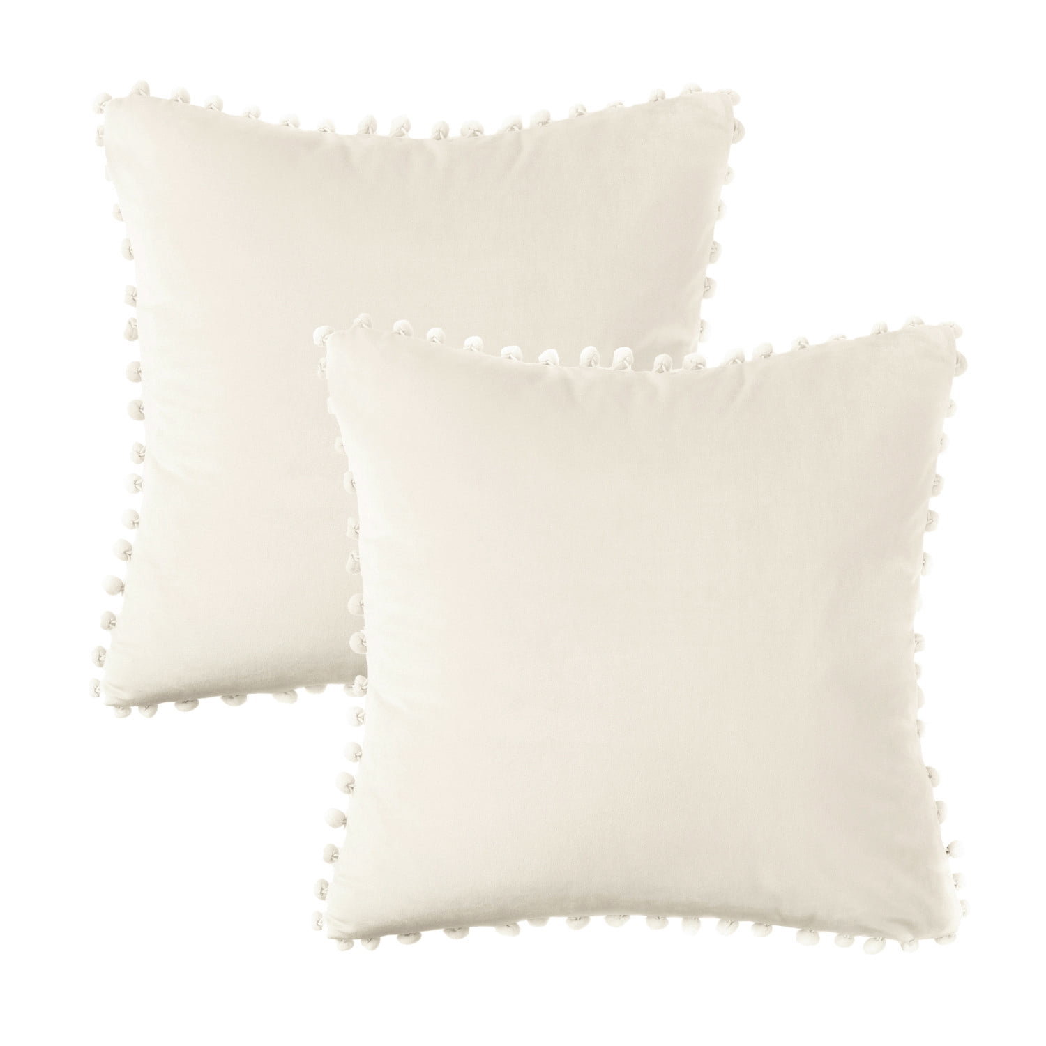 Phantoscope Silky Velvet Pom Pom 18" x 18" Off White Decorative Throw Pillows with Inserts, 2 Pack