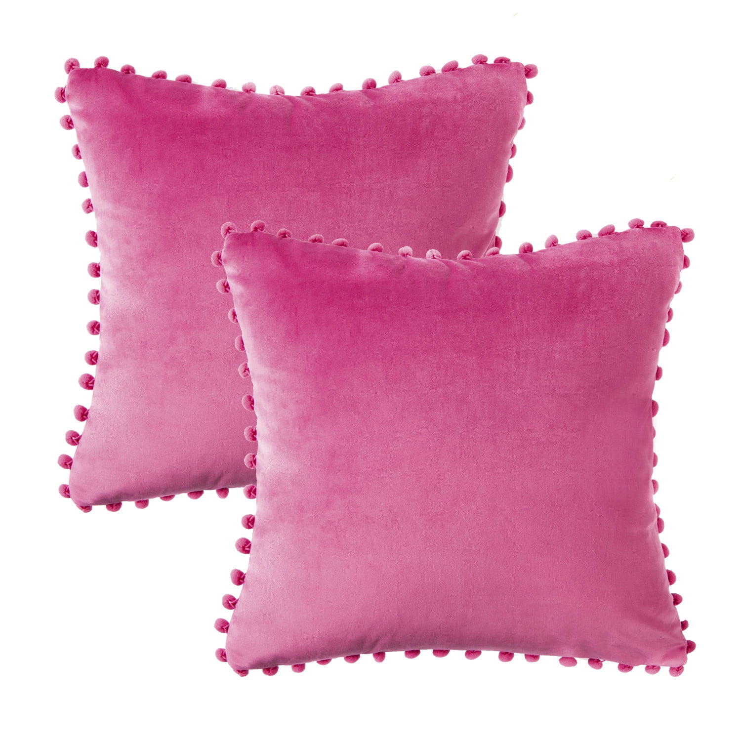 Phantoscope Silky Velvet Pom Pom 18" x 18" Pink Decorative Throw Pillows with Inserts, 2 Pack