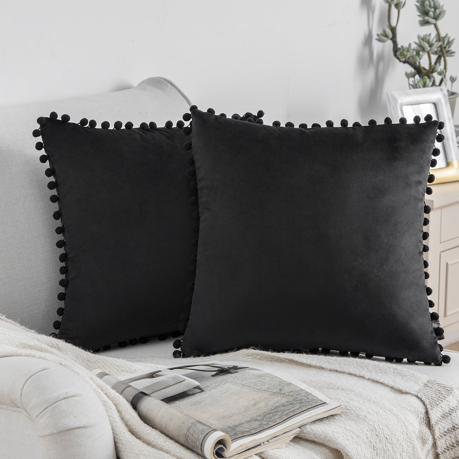 Phantoscope Silky Velvet Series Pom Pom Decorative Throw Pillow with Insert, 18" x 18", Black, 2 Pack