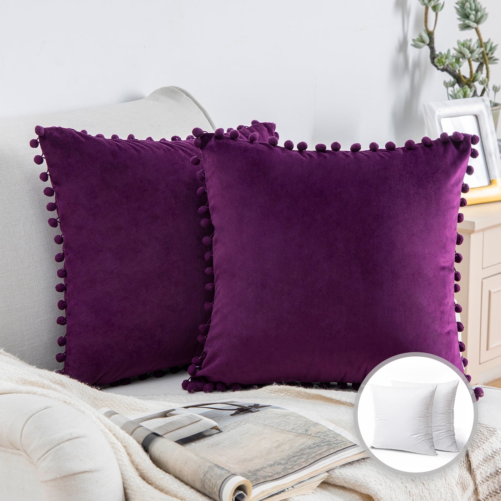 Phantoscope Silky Velvet Series Pom Pom Decorative Throw Pillow with Insert, 18" x 18", Dark Purple, 2 Pack