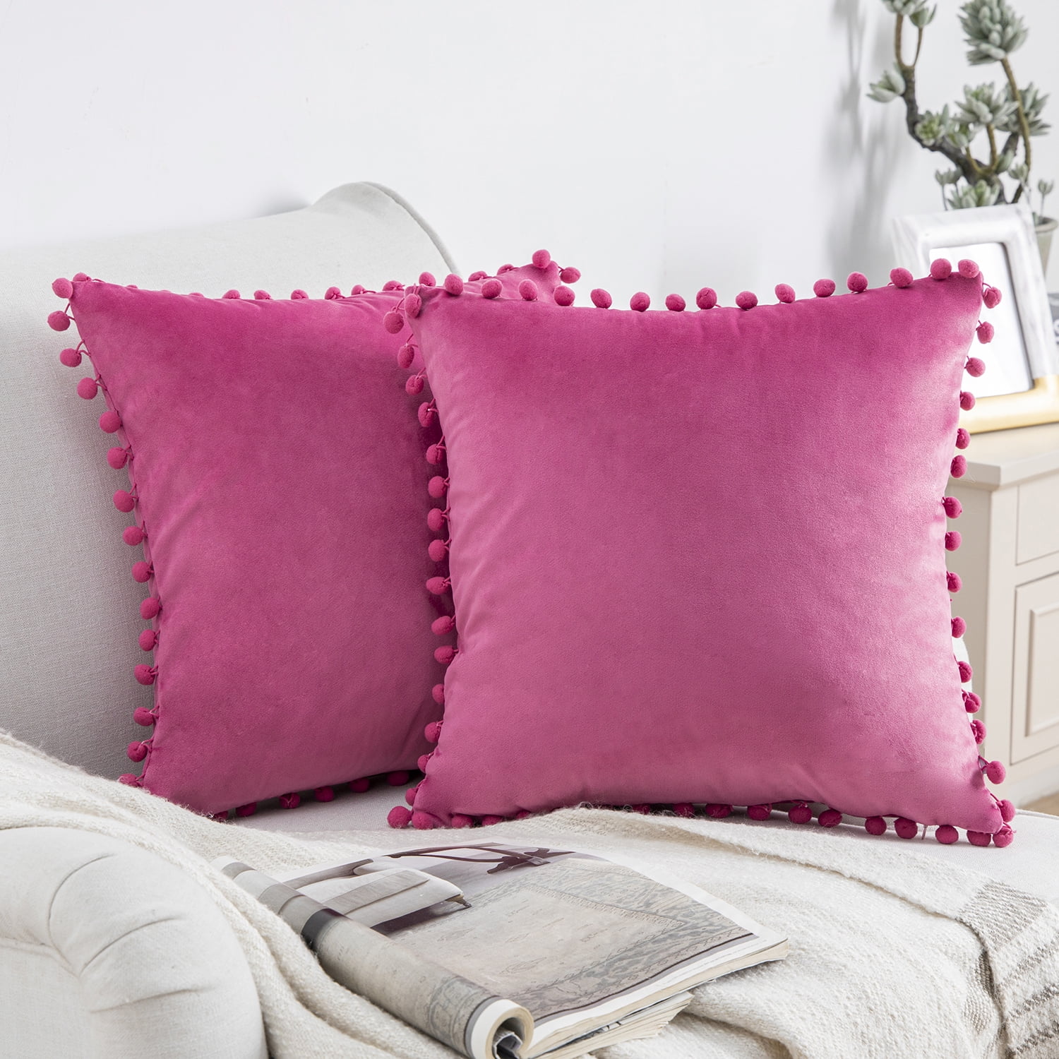Phantoscope Silky Velvet Series Pom Pom Decorative Throw Pillow with Insert, 18" x 18", Pink, 2 Pack