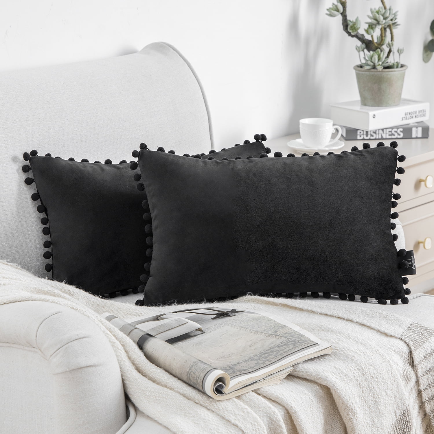 Phantoscope Silky Velvet Series Pom Pom Decorative Throw Throw Pillow Covers, Cushions for Sofa Couch, 12" x 20", Black, 2 Pack