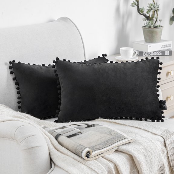 Phantoscope Silky Velvet Series Pom Pom Decorative Throw Throw Pillow Covers, Cushions for Sofa Couch, 12" x 20", Black, 2 Pack
