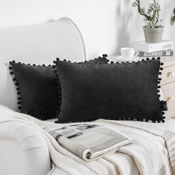 Phantoscope Silky Velvet Series Pom Pom Decorative Throw Throw Pillow Covers, Cushions for Sofa Couch, 12" x 20", Black, 2 Pack