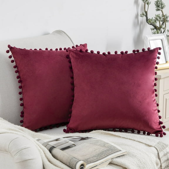 Phantoscope Silky Velvet Series Pom Pom Decorative Throw Throw Pillow Covers, Cushions for Sofa Couch, 18" x 18", Dark Red, 2 Pack