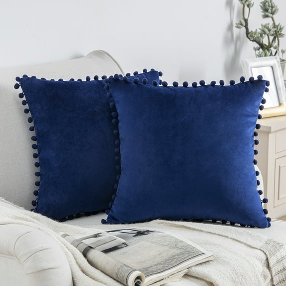 Phantoscope Silky Velvet Series Pom Pom Decorative Throw Throw Pillow Covers, Cushions for Sofa Couch, 18" x 18", Navy Blue, 2 Pack