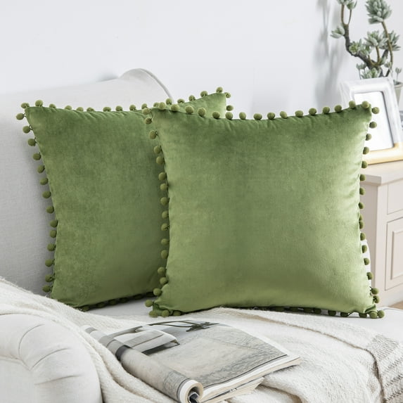 Phantoscope Silky Velvet Series Pom Pom Decorative Throw Throw Pillow Covers, Cushions for Sofa Couch, 20" x 20", Green, 2 Pack