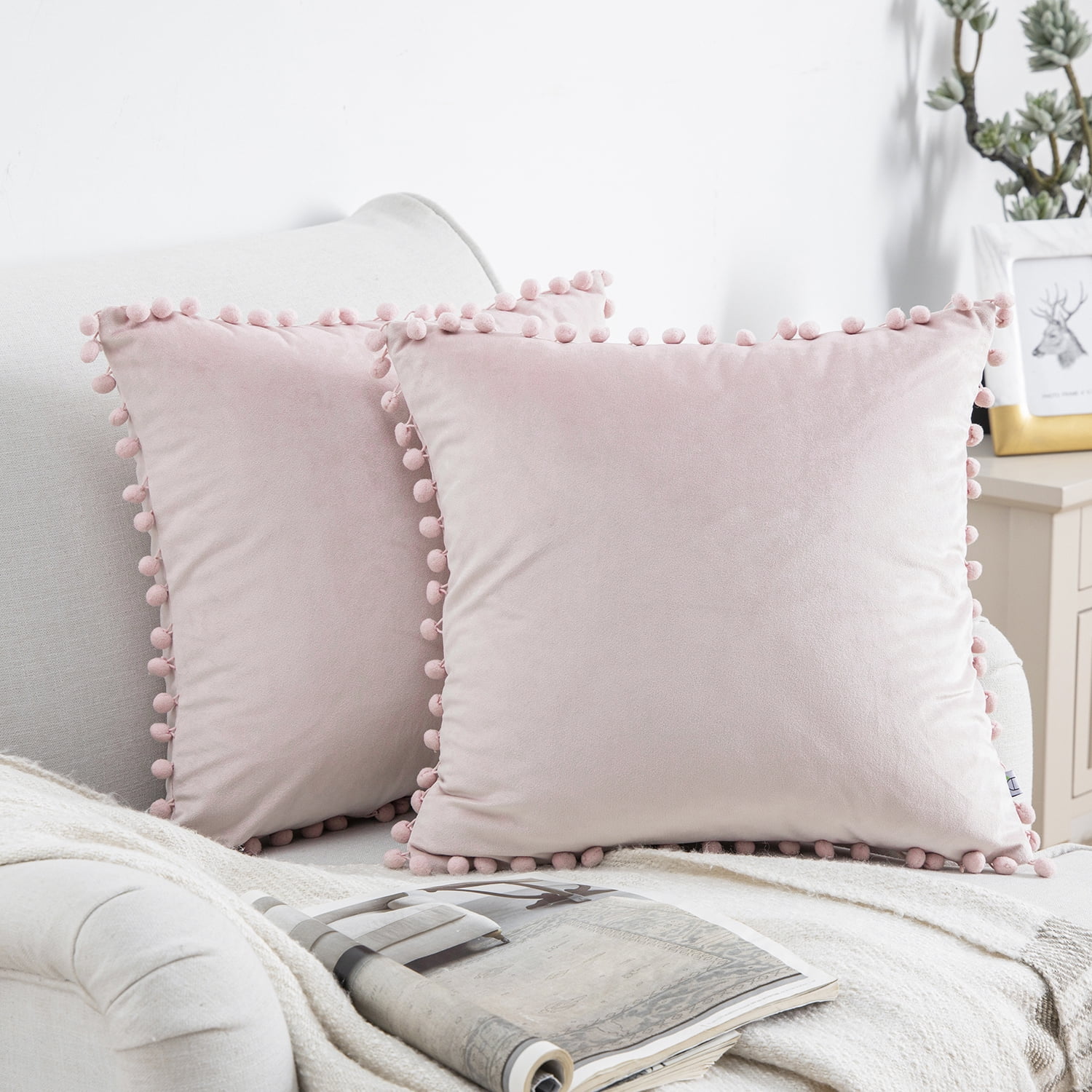 Phantoscope Silky Velvet Series Pom Pom Decorative Throw Throw Pillow Covers, Cushions for Sofa Couch, 20" x 20", Light Pink, 2 Pack