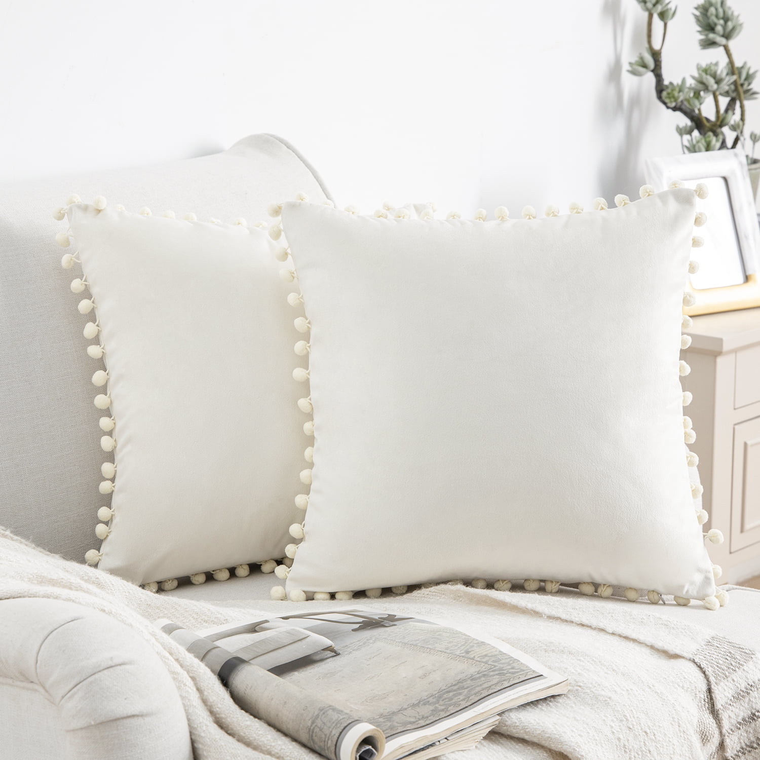 Phantoscope Silky Velvet Series Pom Pom Decorative Throw Throw Pillow Covers, Cushions for Sofa Couch, 20" x 20", Off White, 2 Pack