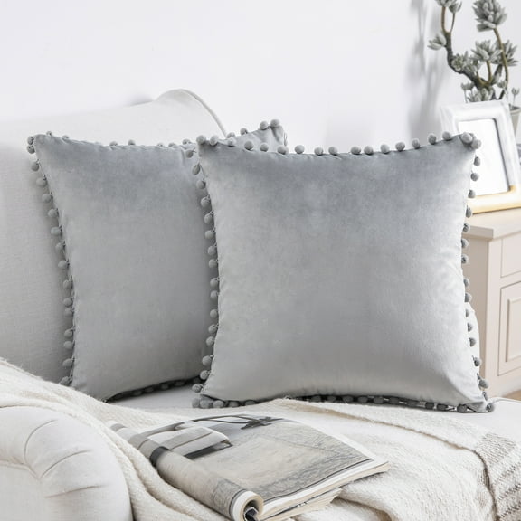 Phantoscope Silky Velvet Series Pom Pom Decorative Throw Throw Pillow Covers, Cushions for Sofa Couch, 22" x 22", Gray, 2 Pack