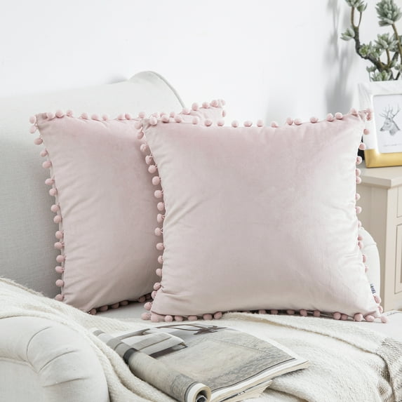 Silky Velvet Series Pom Pom Decorative Throw Pillow Covers, 22" x 22", Light Pink, Set of 2