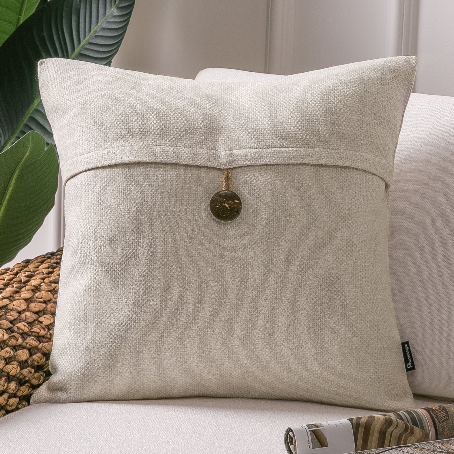 Phantoscope Single Button Cotton Blend Decorative Throw Pillow with Insert, Off-White, 20 x 20 in, 1 Pack