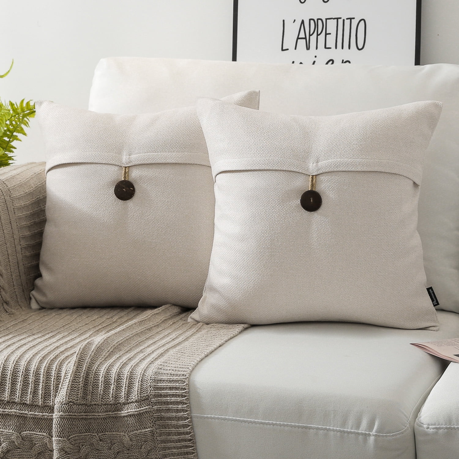 Phantoscope Single Button Cotton Blend Decorative Throw Pillows with Inserts, Off-White, 20 x 20 in, 2 Pack