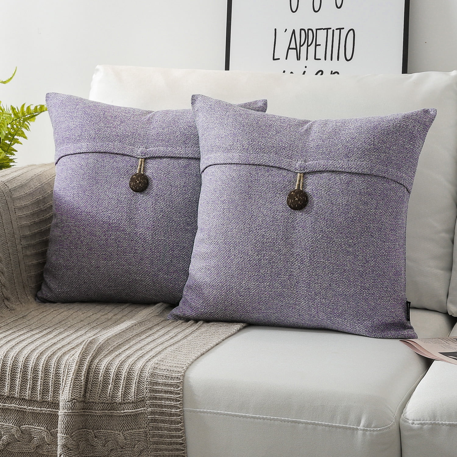 Phantoscope Single Button Cotton Blend Decorative Throw Pillows with Inserts, Pink Purple, 22 x 22 in, 2 Pack