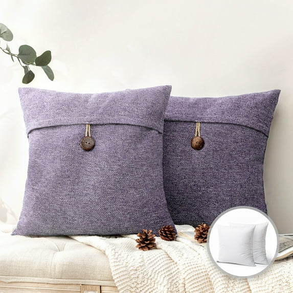 Phantoscope Single Button Cotton Blend Series Decorative Throw Pillow, 18” x 18”, Light Purple, 2 Pack