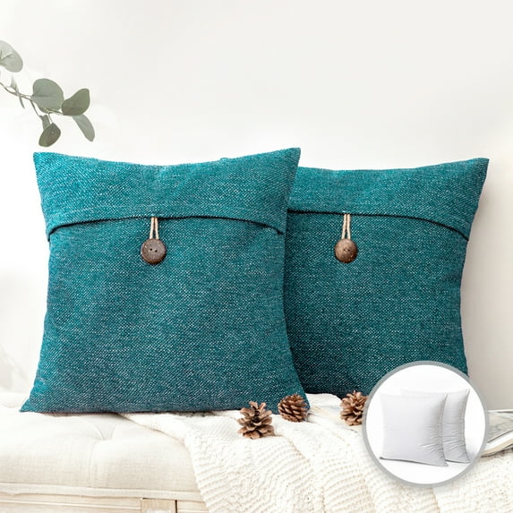 Phantoscope Single Button Cotton Blend Series Decorative Throw Pillow, 20” x 20”, Lake Blue, 2 Pack